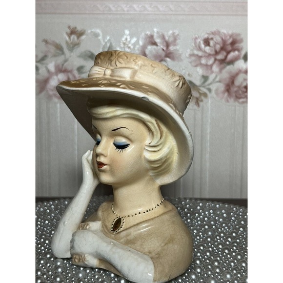Vintage 1950s Lady Head Vase Lefton 1736 6" Blonde with Jeweled Necklace - Picture 3 of 10